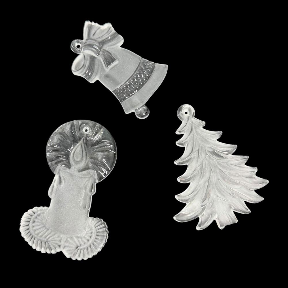 Lot of 3 Frosted Glass Ornaments Candle Bell Tree Holiday Christmas Decor